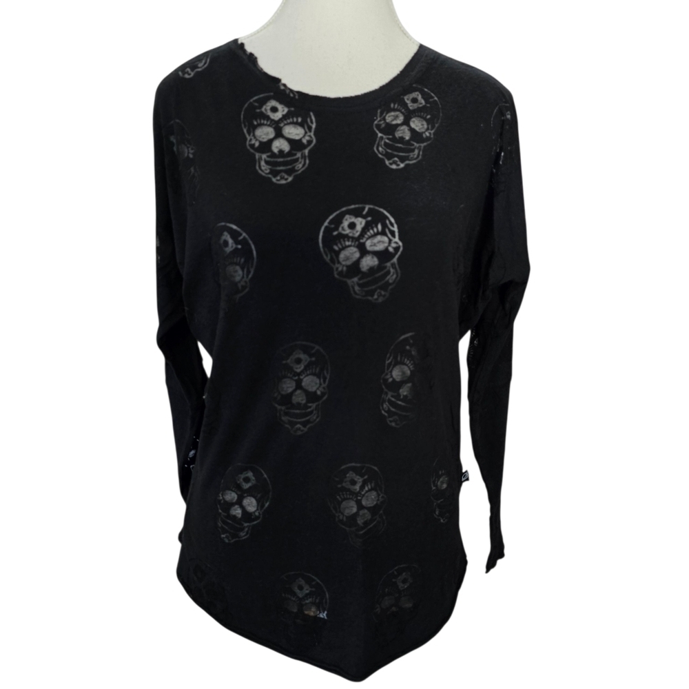 Terez Black Sheer Long Sleeve Skull Burnout Top Size Small